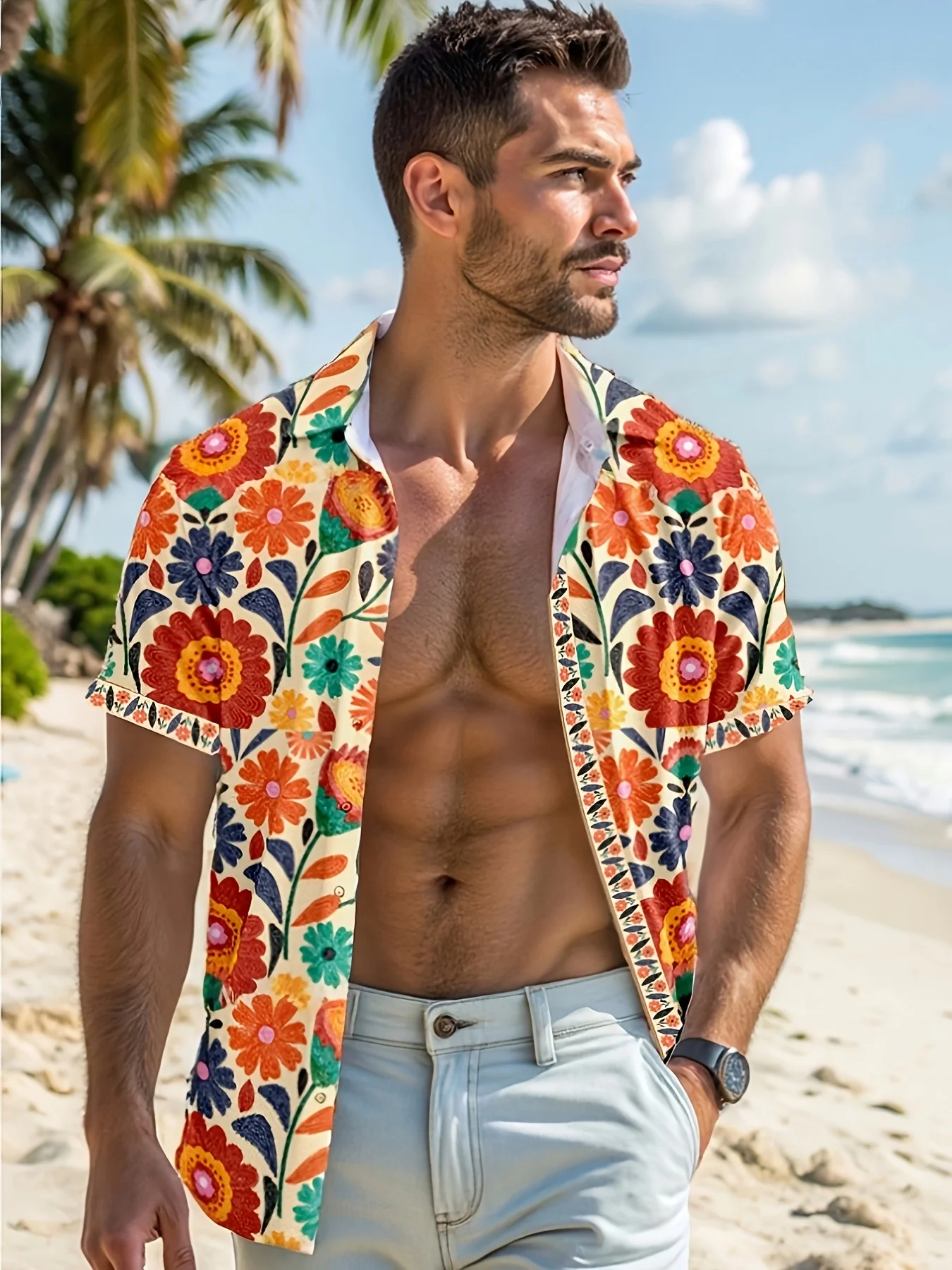 Men Summer Beach Hawaiian Shirts Vintage Colorful Large Floral Print Cream Base Loose Short Sleeve Casual Vacation Mens Clothing