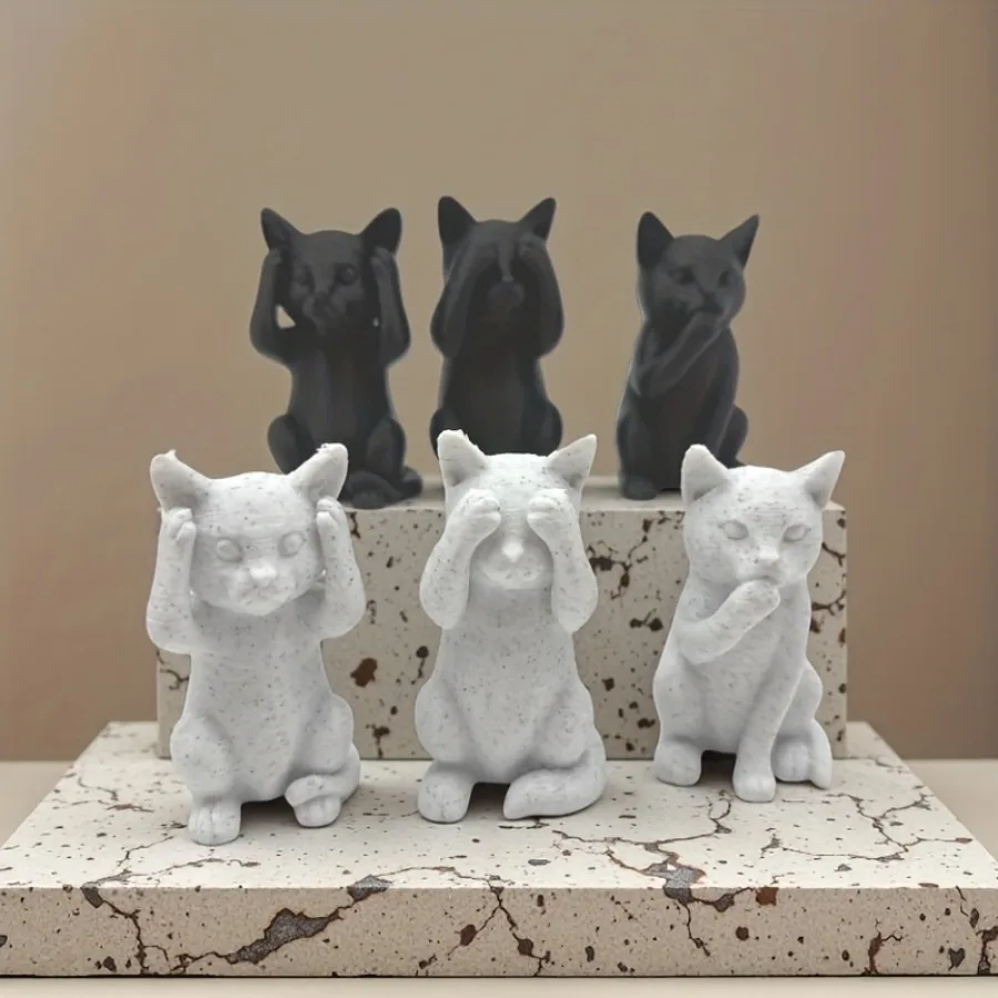 3 esculturas minimalistas de tres sabidurías para gatos, esculturas en forma de gato, adornos inteligentes únicos para el hogar, diseñadas sin olor ni palabras
