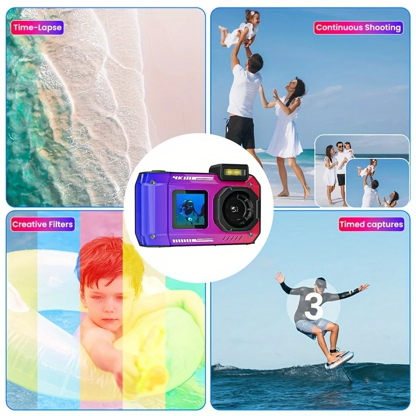 4K 33FT digitale wasserdichte Kamera, 48MP Unterwasserkamera, langlebiges, stoßfestes Tauchen, Selfie-Dual-Screen mit 32G-Karte