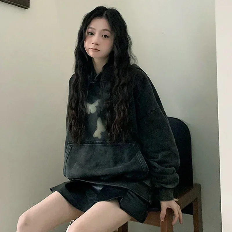 

Korean Style Butterflies Print Black Hoodie Women Streetwear Fashion Harajuku Oversized Pullover Sweatshirts Y2k Clothes Hoodies