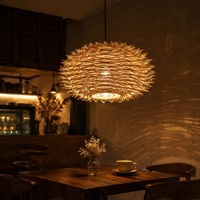 Bohemian Handmade Rattan Woven Nest Shade Rustic Round Hanging Fixture For Dining Room Cafe Restaurant Living Room Pendant Lamp