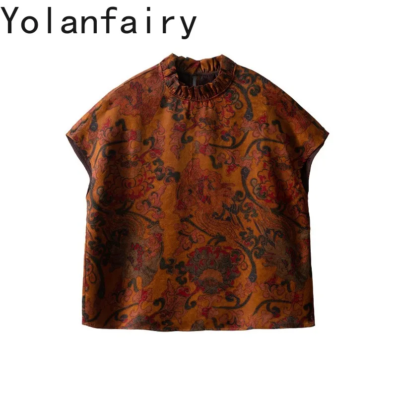 

YOLANFAIRY New Luxury 100% Natural Mulberry Silk Shirts Woman Summer Top Elegant Plain Crepe Satin Xiangyunsha Blouses Jacquard