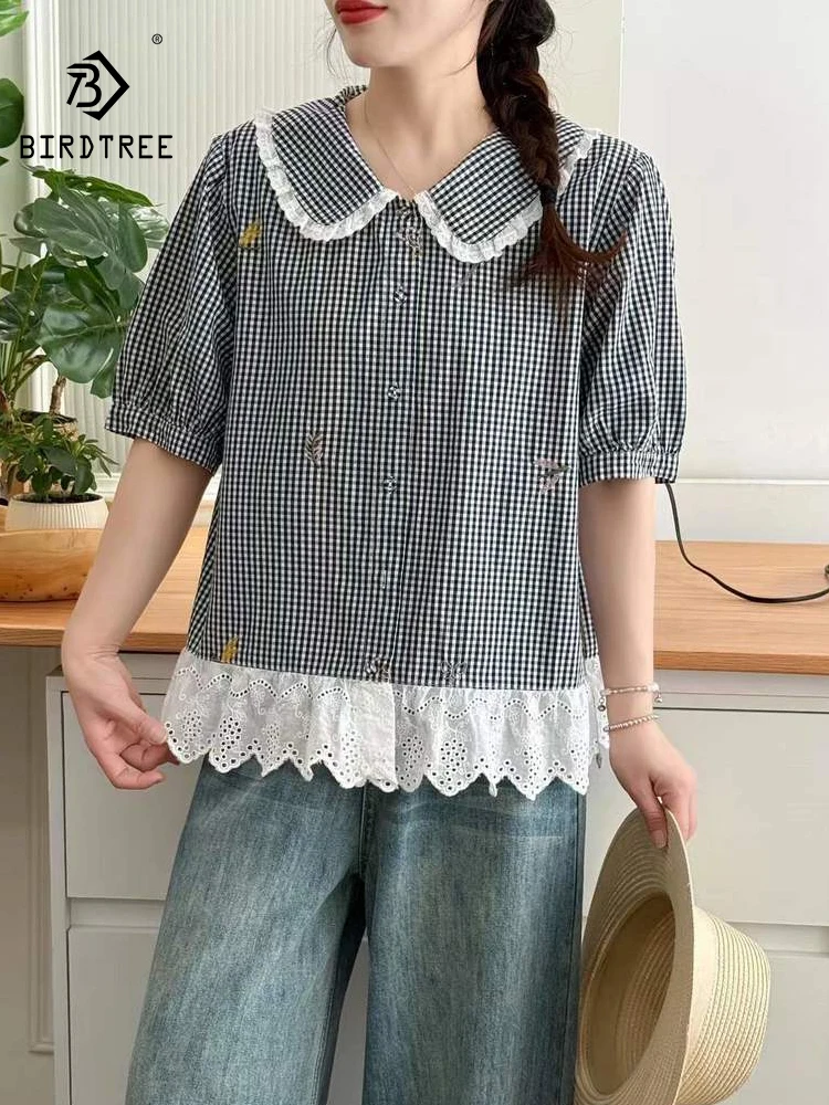 

Новая летняя женская хлопковая рубашка с коротким рукавом 2026 года, с воротником Питер Пэн, в клетку, с кружевом, в стиле Mori Girl, свободная блузка для отпуска во французском стиле T64418CC