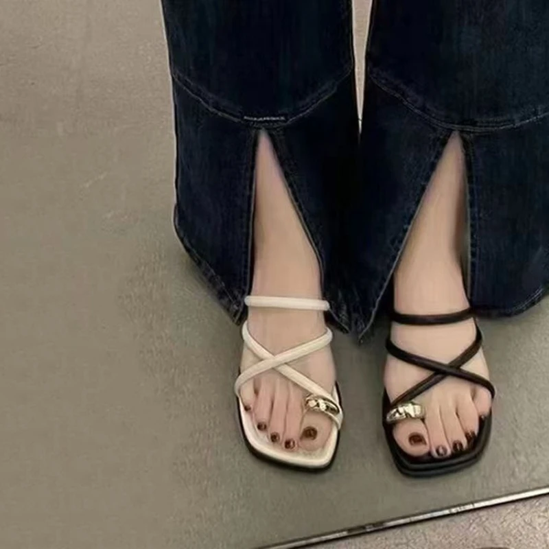 Square Head Womens Slippers Thick Heel Women Shoes Wear Outside Beach Shoes Fashion Female Heeled Shoe Comfortable Zapatos Mujer