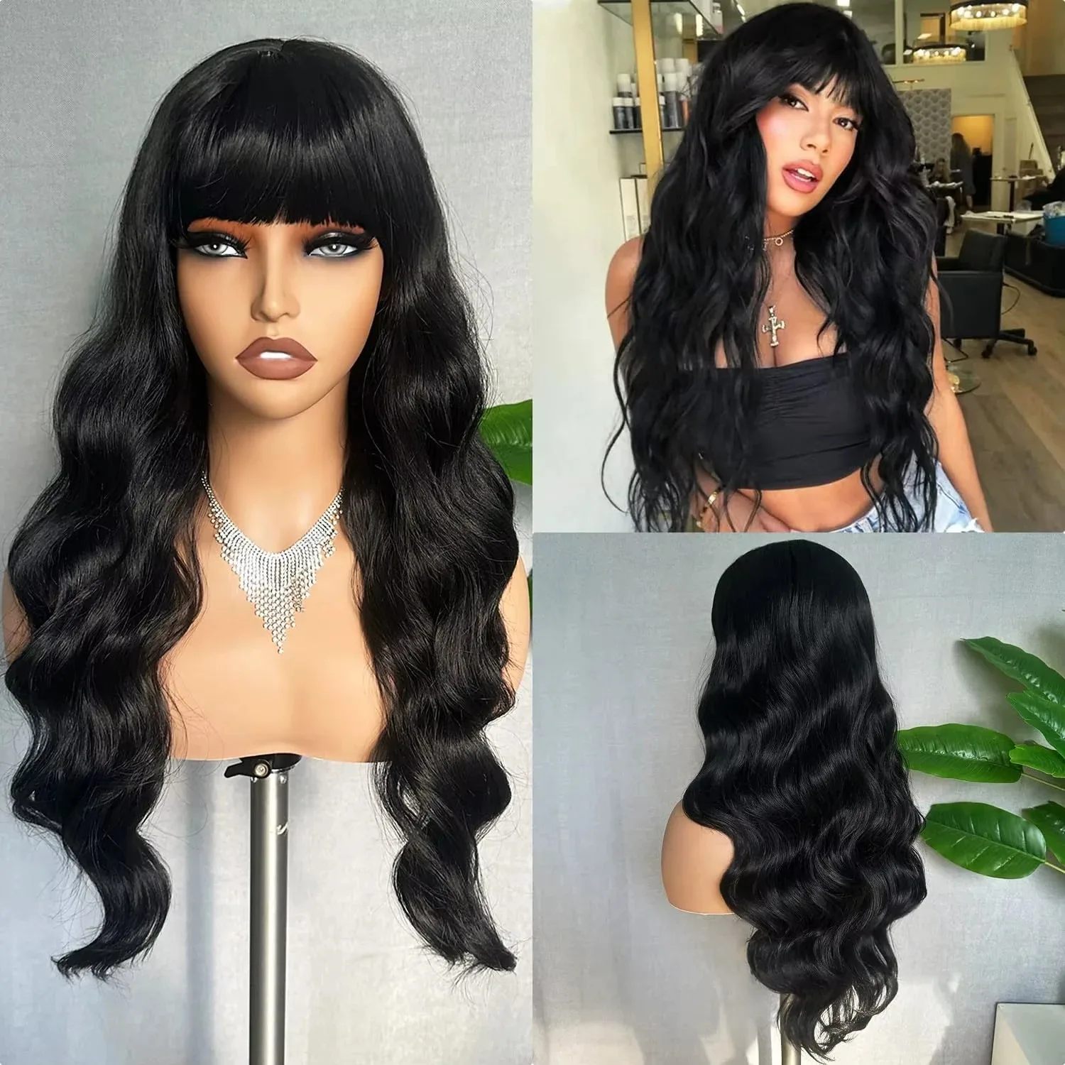 Body Wave Wigs With Bangs 3X1 Middle Part Wig Natural Black Human Hair Wigs Full Machine Made Brazilian Wig For Black Women