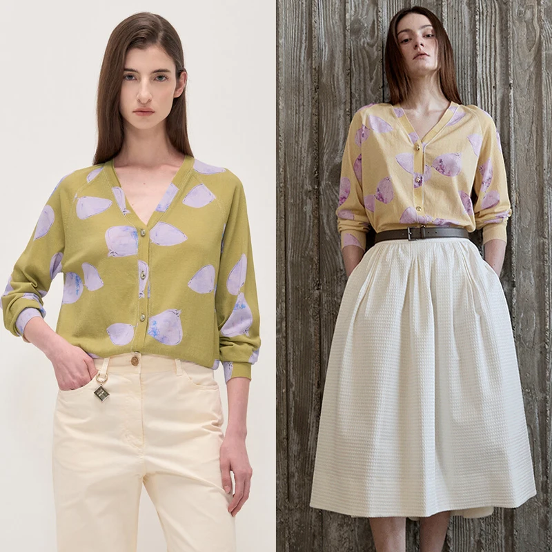 

Romantic Poster Sle Knitted Cardigan Women's V-ne Print Long Sve Loose Fit Spring Faion Sunscreen Glasses Pattern