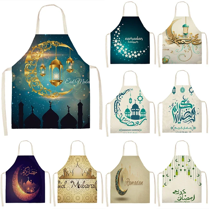 Eid Mubarak Printed Home Cooking Baking Waist Bib Muslim Ramadan Kareem Kitchen Apron for Women Star Crescent Cotton Linen Decor