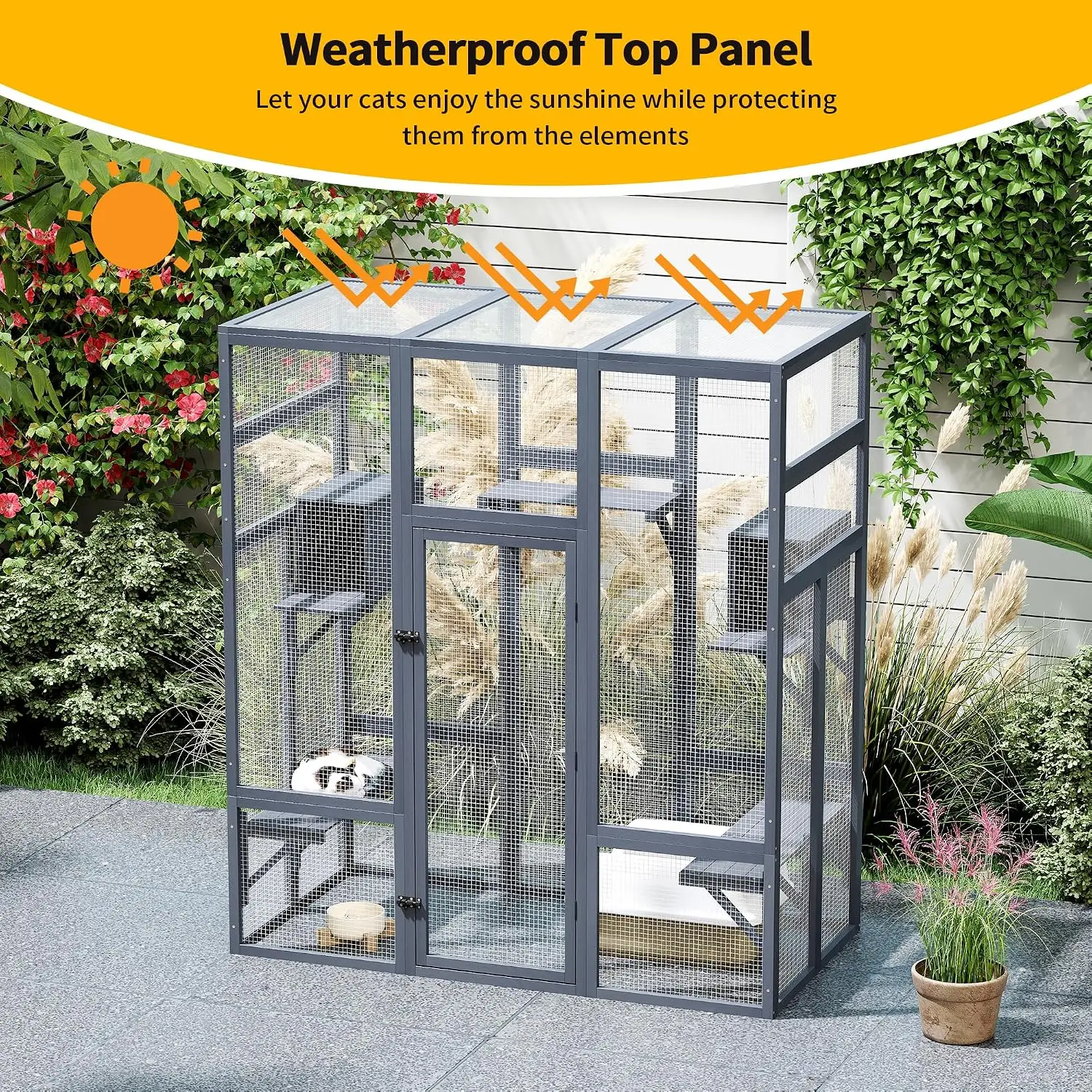 71in Outdoor Cat Enclosure Waterproof Roof Perch 5 Platforms 2 Resting Boxes UV Resistant Patio Balcony Garden Grey, Customized