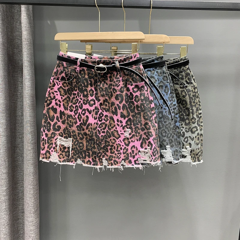 

Candy Color Women Leopard Denim Short Skirts 2024 New Summer Spice Girls High Waist Hole Tassel A-line Wrap Buttocks Mini Skirt