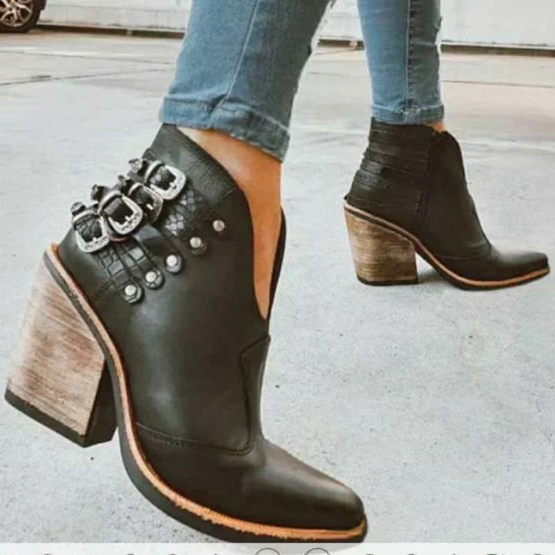 

Womens Boots Retro Pointed Tip High Heeled Boots 2026New Women Fashion Boots Belt Buckle Design High Heel Ankle Boot Botas Mujer