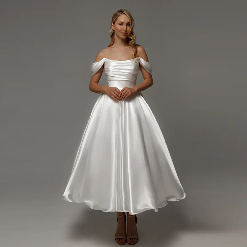 

Customized Off-Shoulder Satin Pleated A-line Evening Dress Ankle-Length Backelss and Lace up Prom Club Gown vestidos de festa