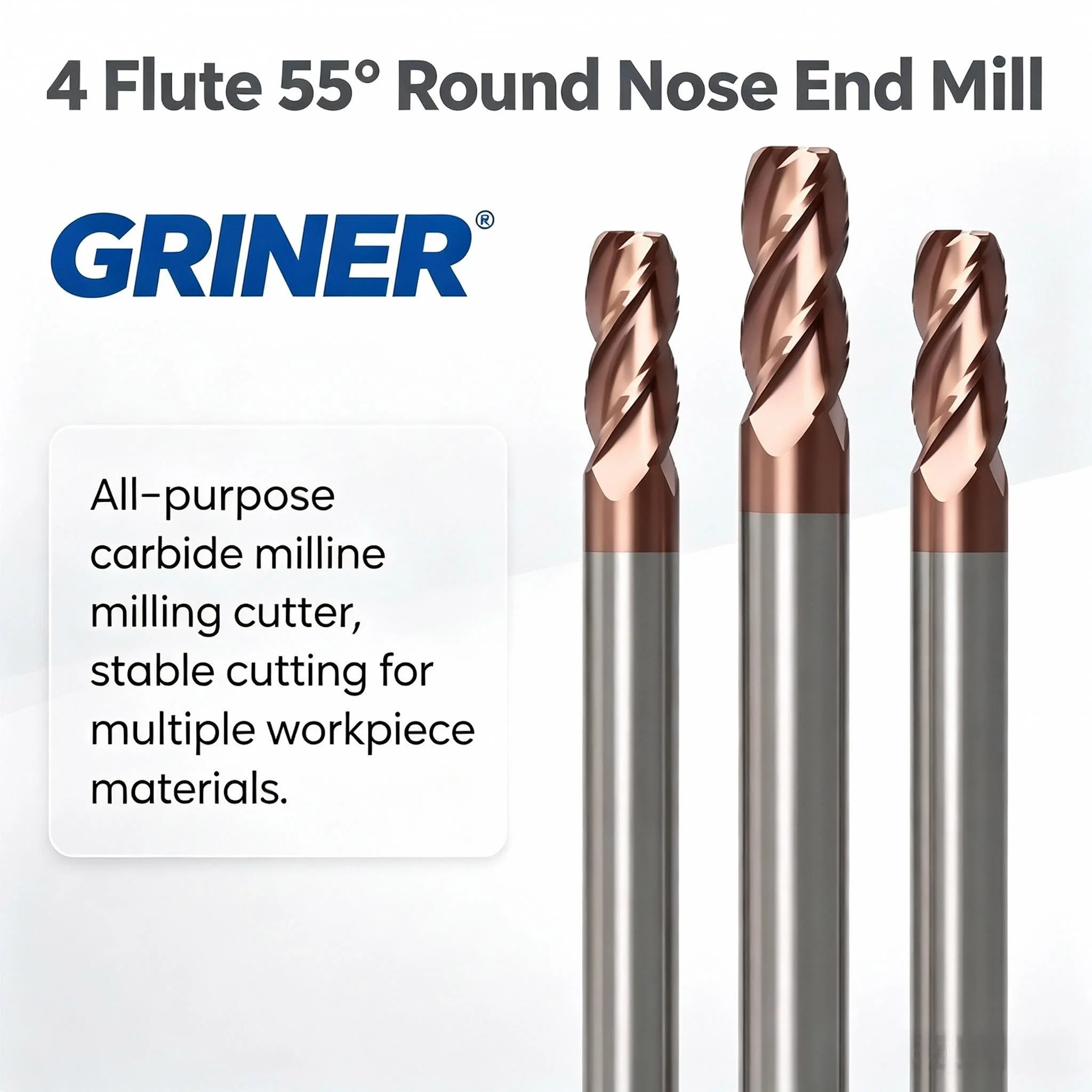 GRINER 4 Flutes Corner Rounding End Mill R0.5-R6.0, 55 HRC Solid Carbide Bull Nose Milling Cutter, Coated Straight Shank Extende