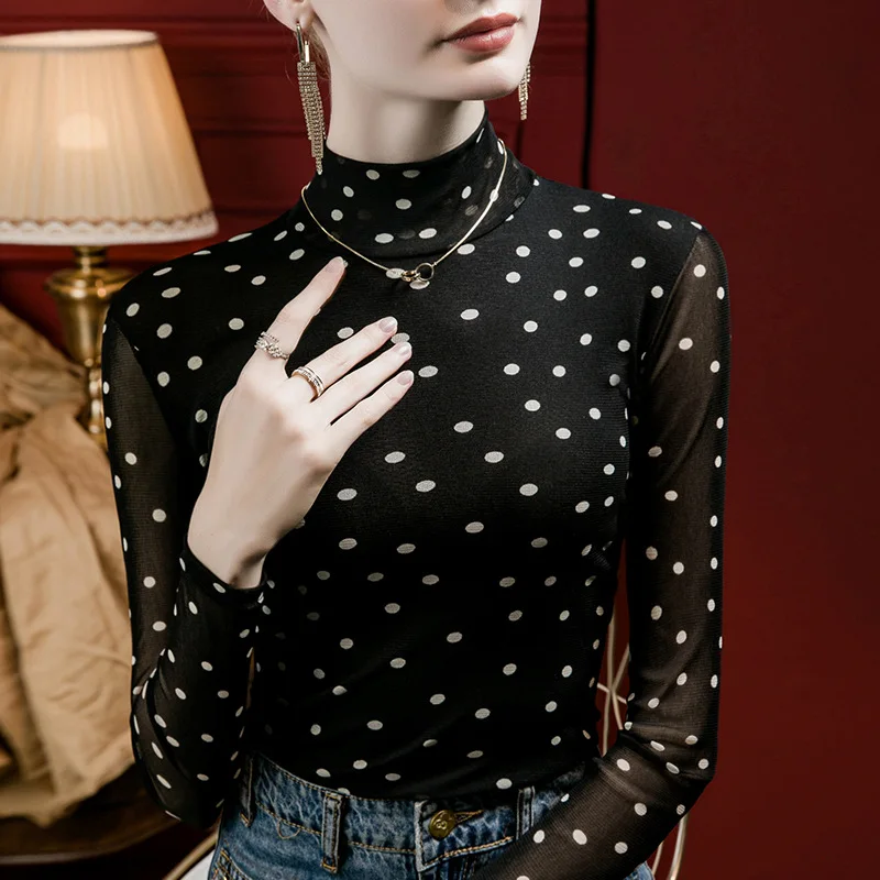 البولكا نقطة شبكة الياقة المدورة للنساء سليم صالح شير بلوزة ربيع الخريف طبقات تي شيرت مطبوعة المجهزة قاعدة طبقة #5