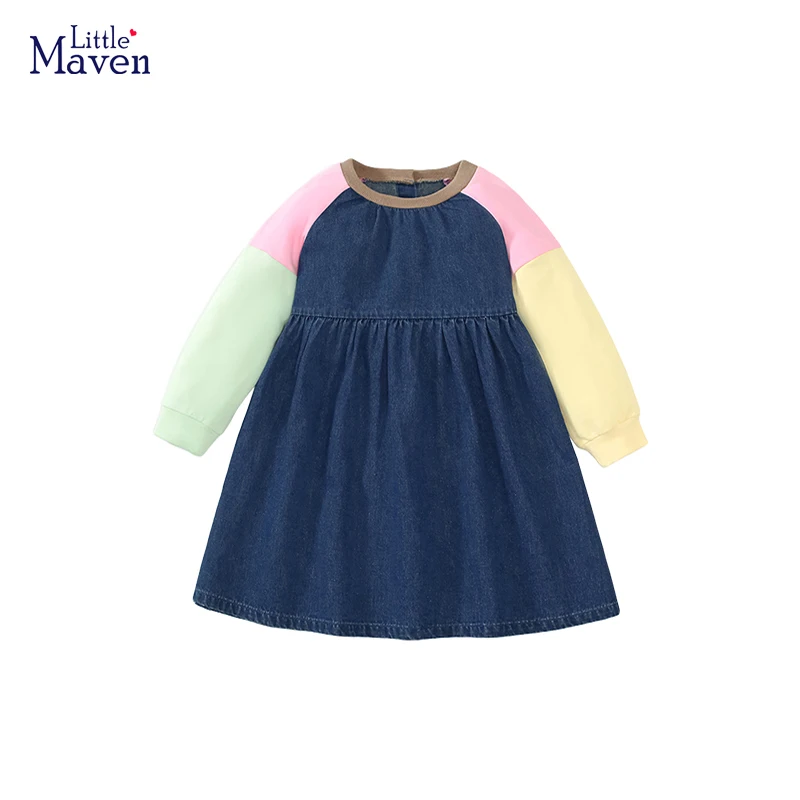 Little maven 2023 New Patchwork Denim Skirt Long Sleeves Jeans Dress Cotton Kids Clothes Cotton Autumn for 2-7 year