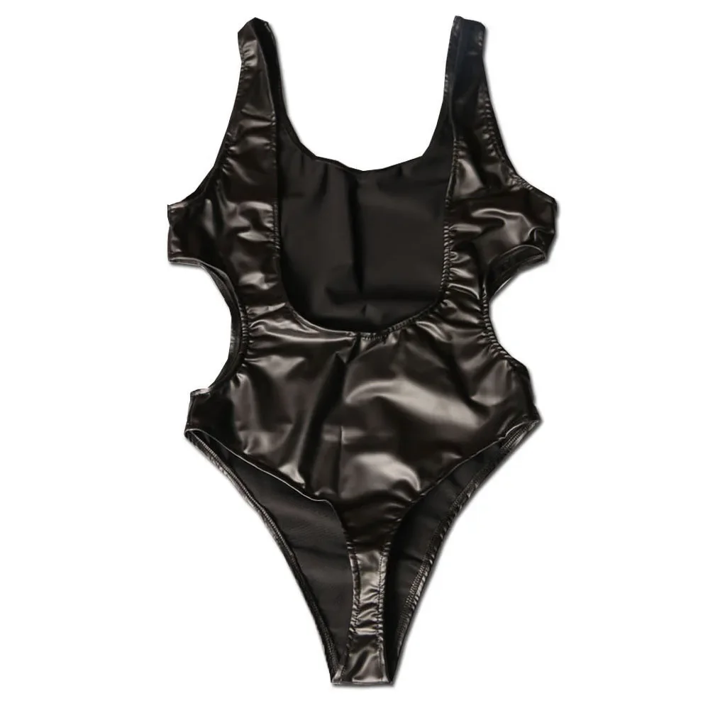 Body de mujer, Bikini de Tanga de corte alto, traje de baño de látex PU, Catsuit esculpido, chaleco sin espalda, mono moldeador de cuerpo con entrepierna en T, traje de baño