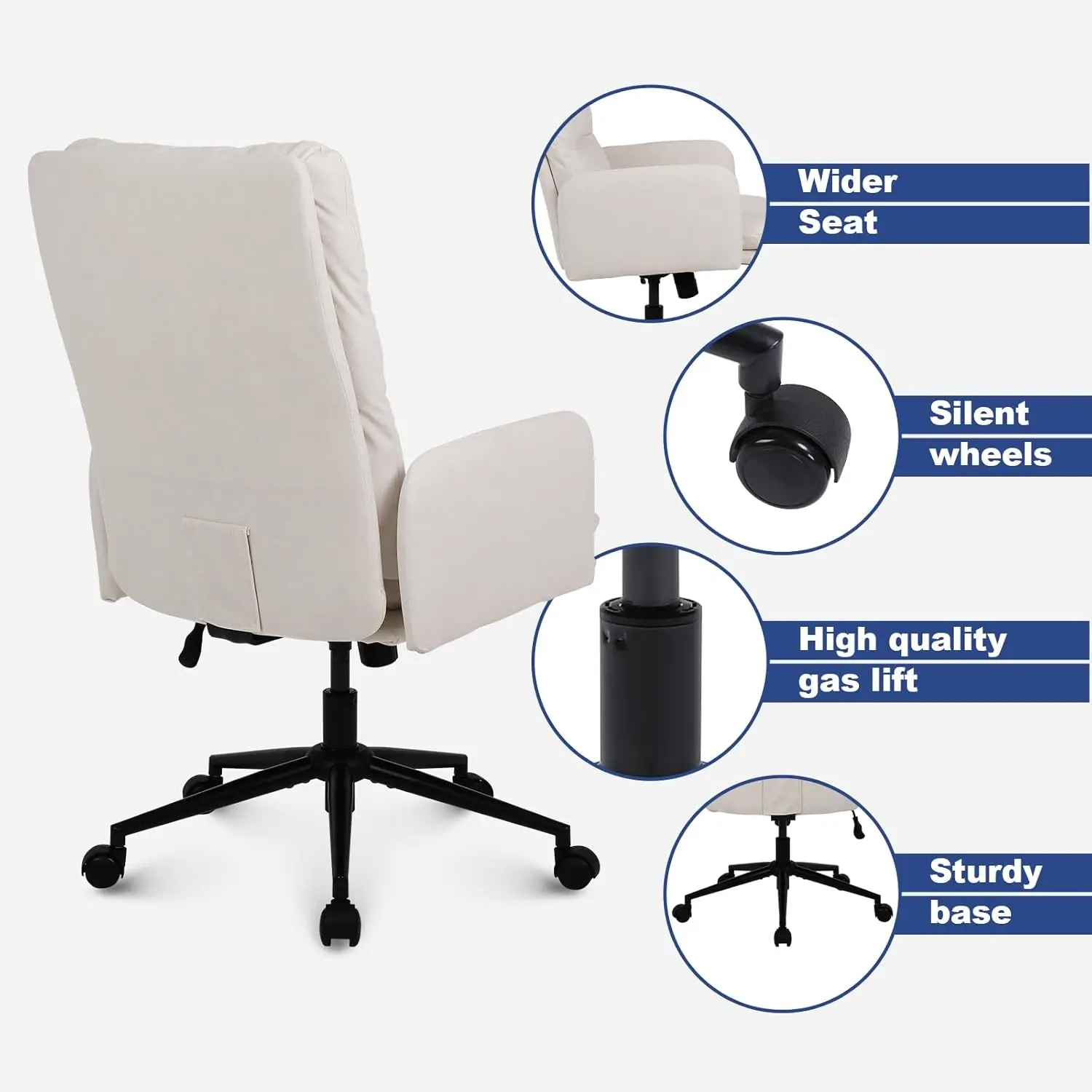 Höhenverstellbarer Heimbürostuhl, moderner Computer-Schreibtischstuhl mit mittlerer Rückenlehne und Rollen, ergonomischer gepolsterter Drehstuhl, cremefarben