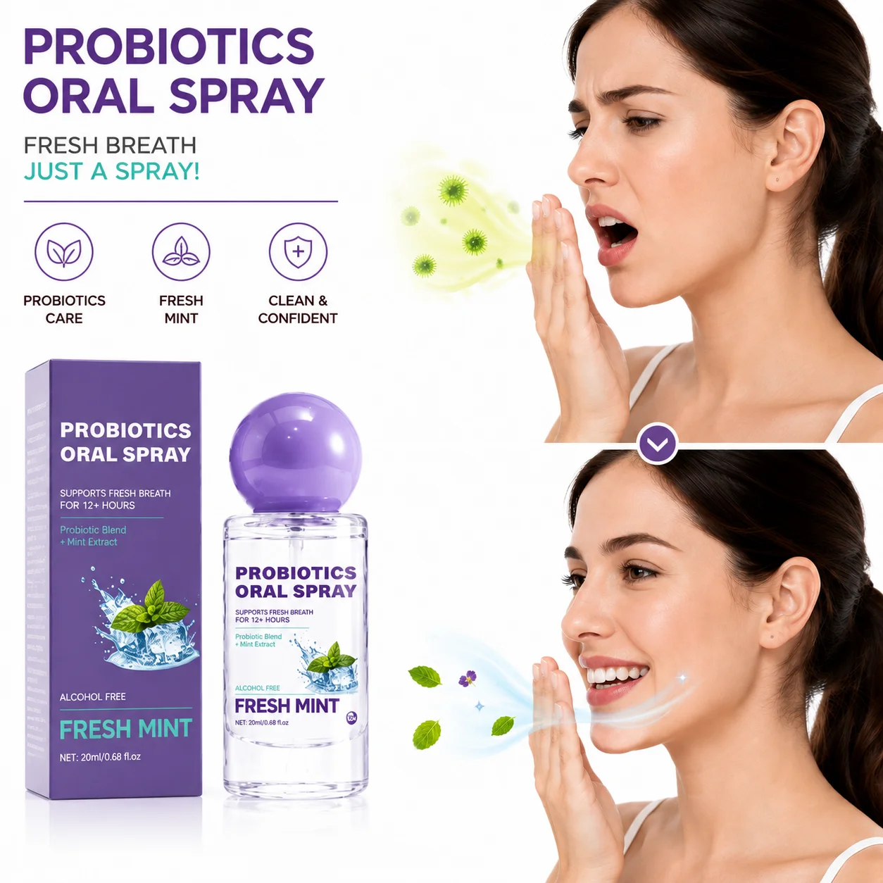 1/3/5pcs Probiotic Fresh Mint Oral Spray, Refreshing Breath Freshener for Daily Oral Care, Quick & Convenient Mouth Spray with C