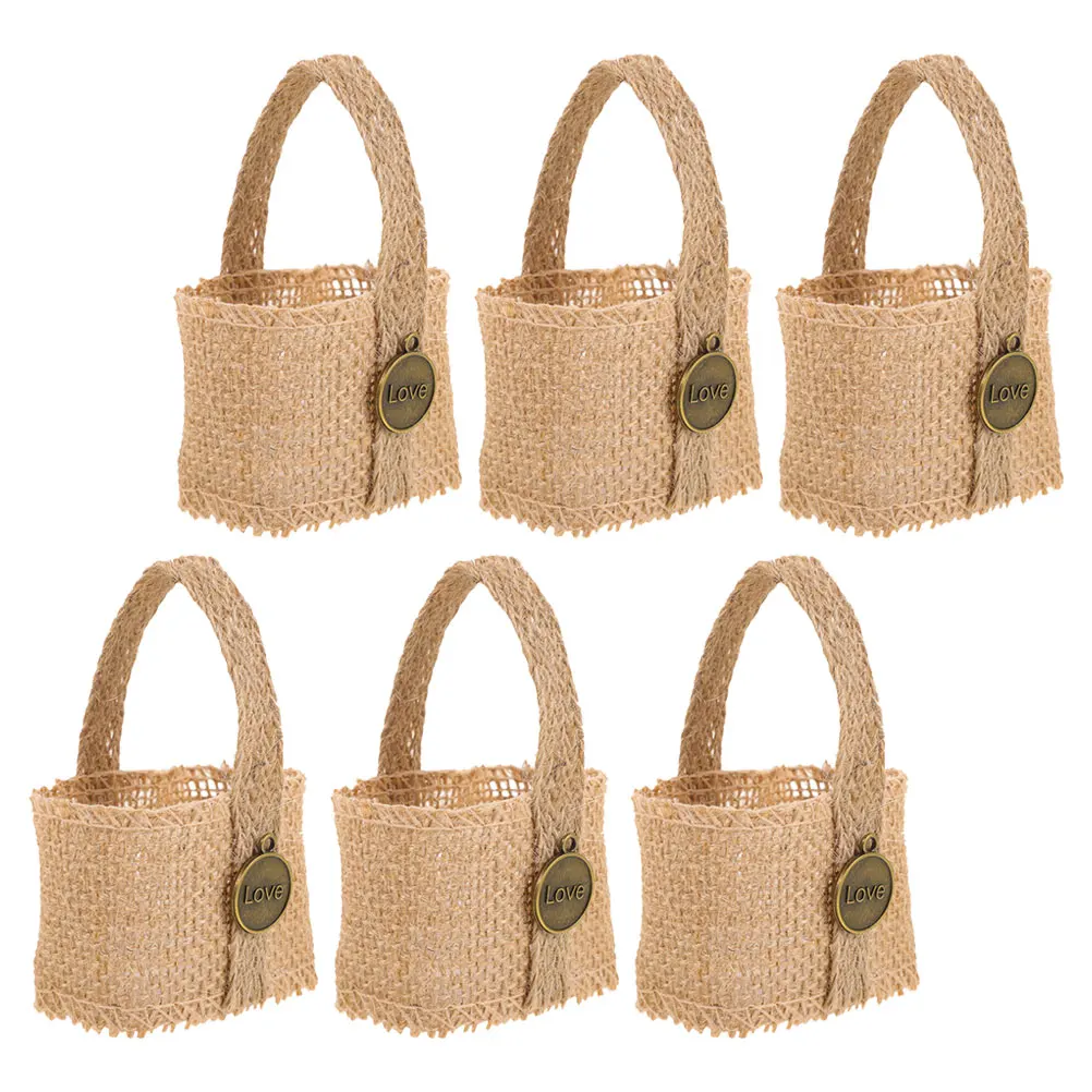 

6pcs Burlap Flower Girl Basket Candy Bag Decorative Linen Party Christmas Floral Rustic Favors Accessories Centerpiece