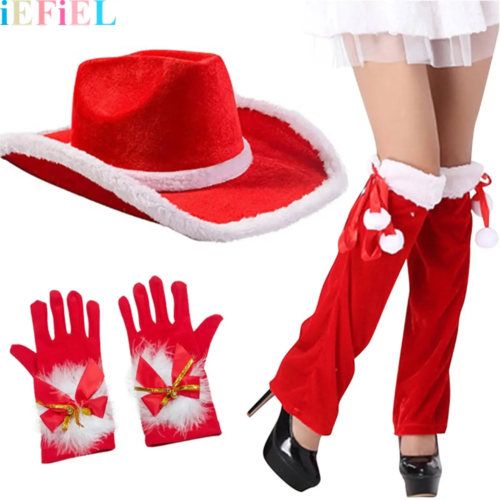

3 Pieces Christmas Dress Up Accessories Set Include Hat Gloves Leg Cover Or Socking for Women Xmas Parties Supplies