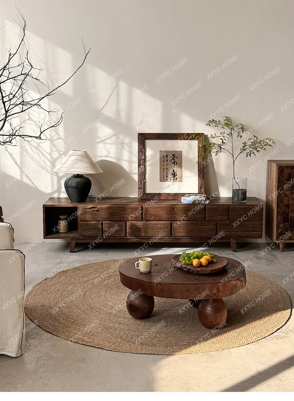 DDWabi Sandy wind solid wood TV cabinet, furniture, small apartment living room long storage floor, environmentally