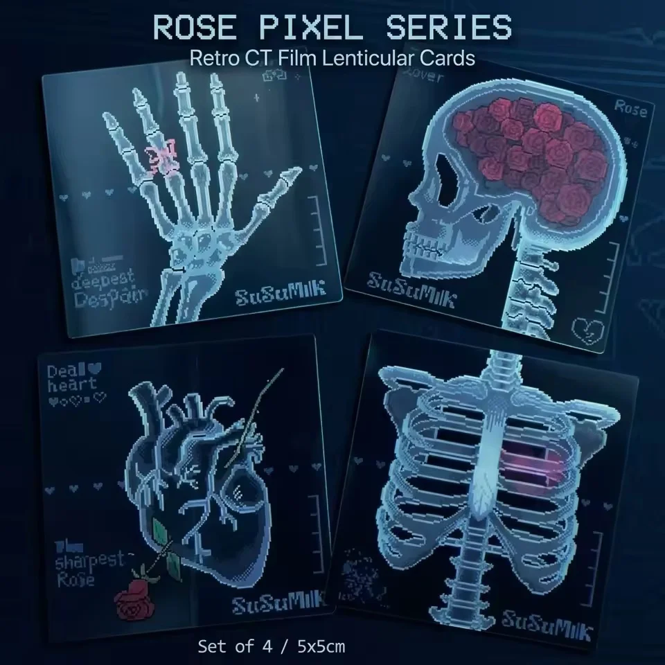 4 Pcs Rose Bud Skeleton Film Cards Novelty Pixel CT Simulation Variable Grating Retro Multivariant Card Couple Gift Pendant Gift