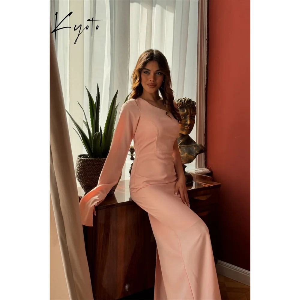 

Kyoto Light Pink One Shoulder Bridesmaid Dresses Elegant Ankle-Length robe mariage invité Chic Long Sleeve Wedding Guest Dresses