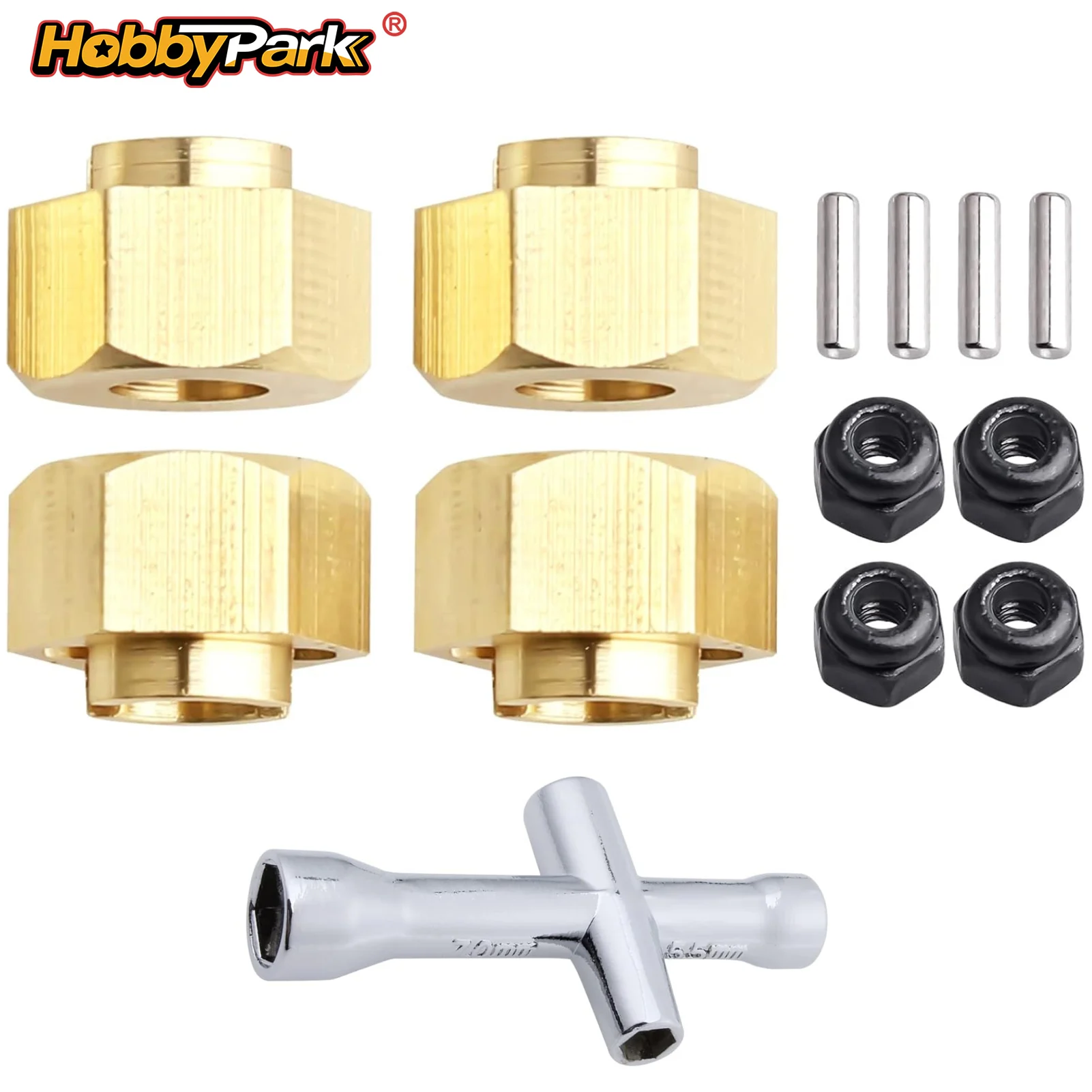 HobbyPark Brass Wheel Hex Hubs with Lock Nuts & Wheel Wrench for TRX4M 1/18 RC Crawler Replacement of 9750 4Pcs