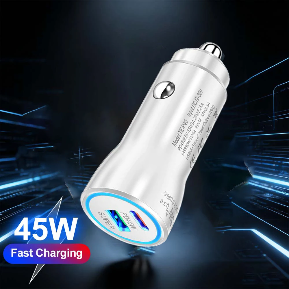 

White 45W PD Car Charger USB Type C Fast Charging Adapter Universal Quick Charge Power Charger Socket For iPhone All Smart Phone