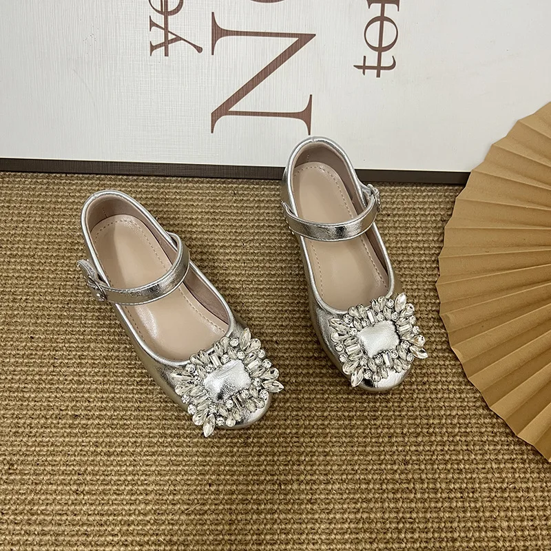 

Kids'Casual Shoes PU Leather Spring High Heels Crystal Fashion Shoes Girls Breathable Soft Bottom Anti-slip Silver Size 23-35