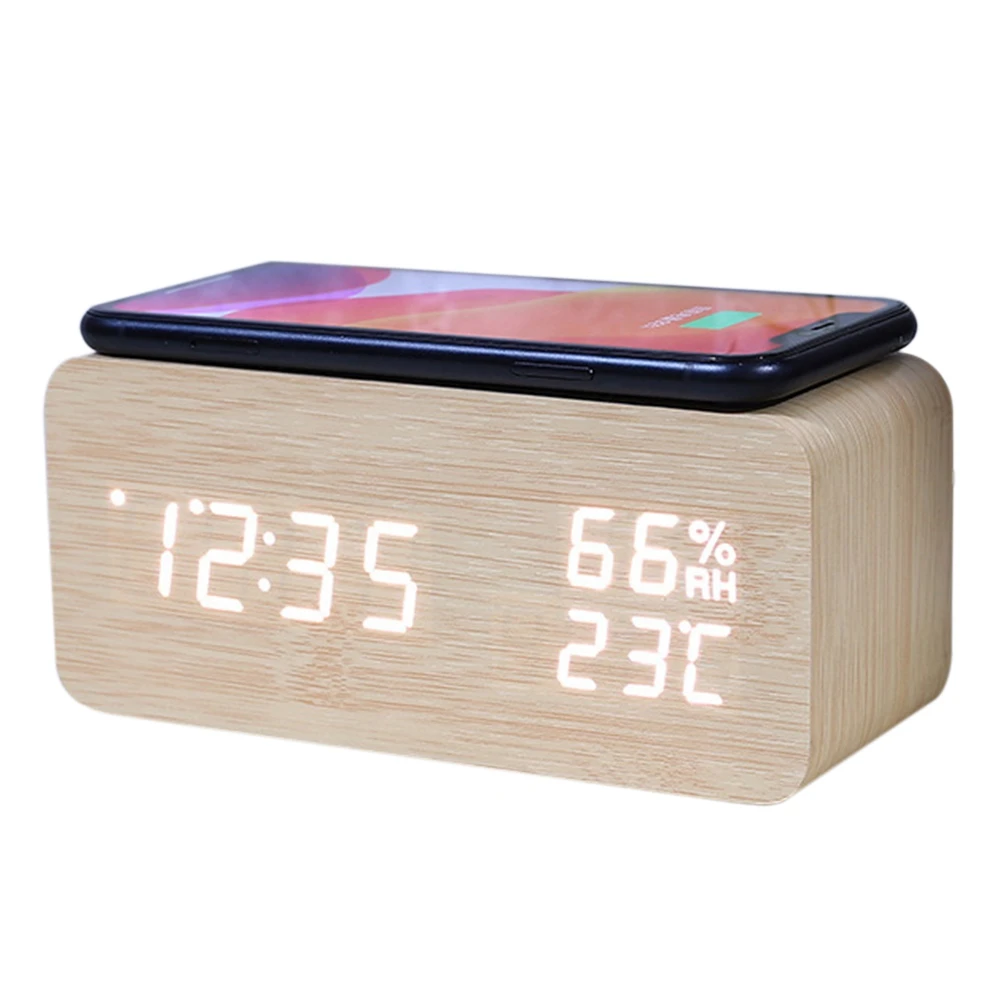 

Digital Alarm Clock, Temperature and Humidity Alarm Clock LED Electronic Clock Smartphone Wireless Charger (Wood Color)