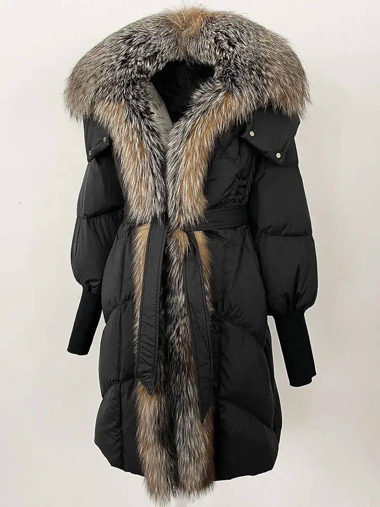 MENINA 2024 Neue Winter Jacke Frauen Lange Natürliche Echt Fox Pelz Kragen Mit Kapuze Weiße Ente Unten Mantel Dicke Warme Casual oberbekleidung