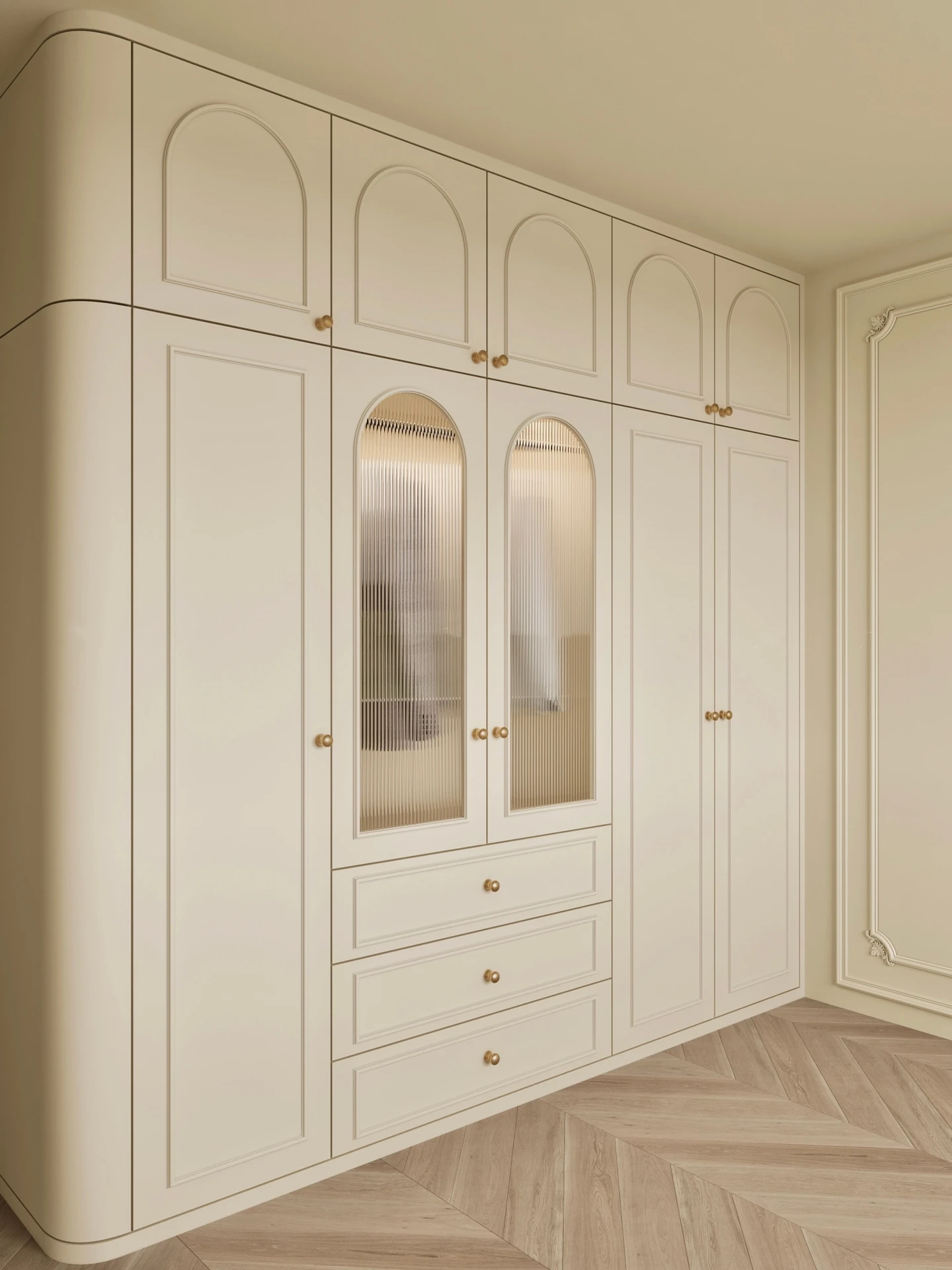 Custom French Soft Cream Bespoke Wardrobe High End Luxury Closet Customization Laminated Board Wood Panel Modular Furniture