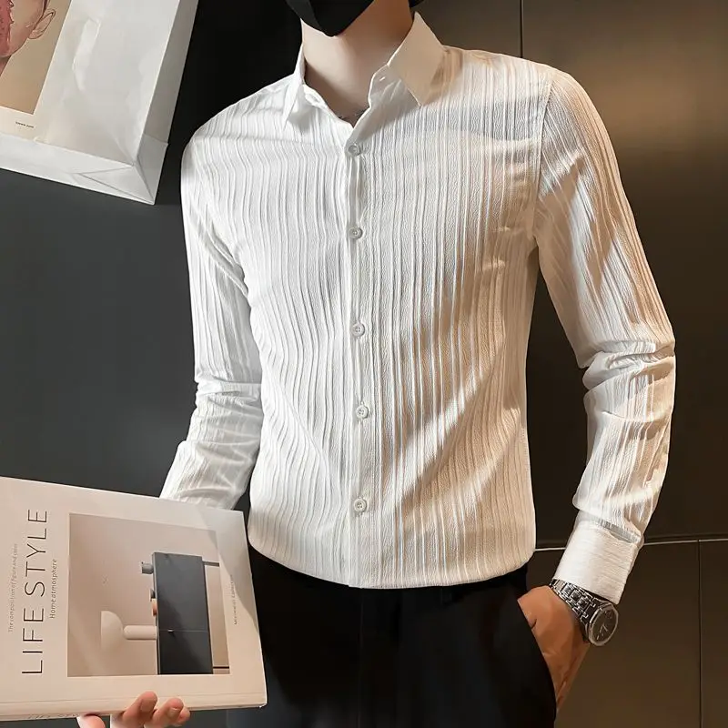 

Formal Turn-down Collar Loose Business Casual Fashion Button Pleated Shirts Man Spring Summer Men's Clothing Handsome Capable