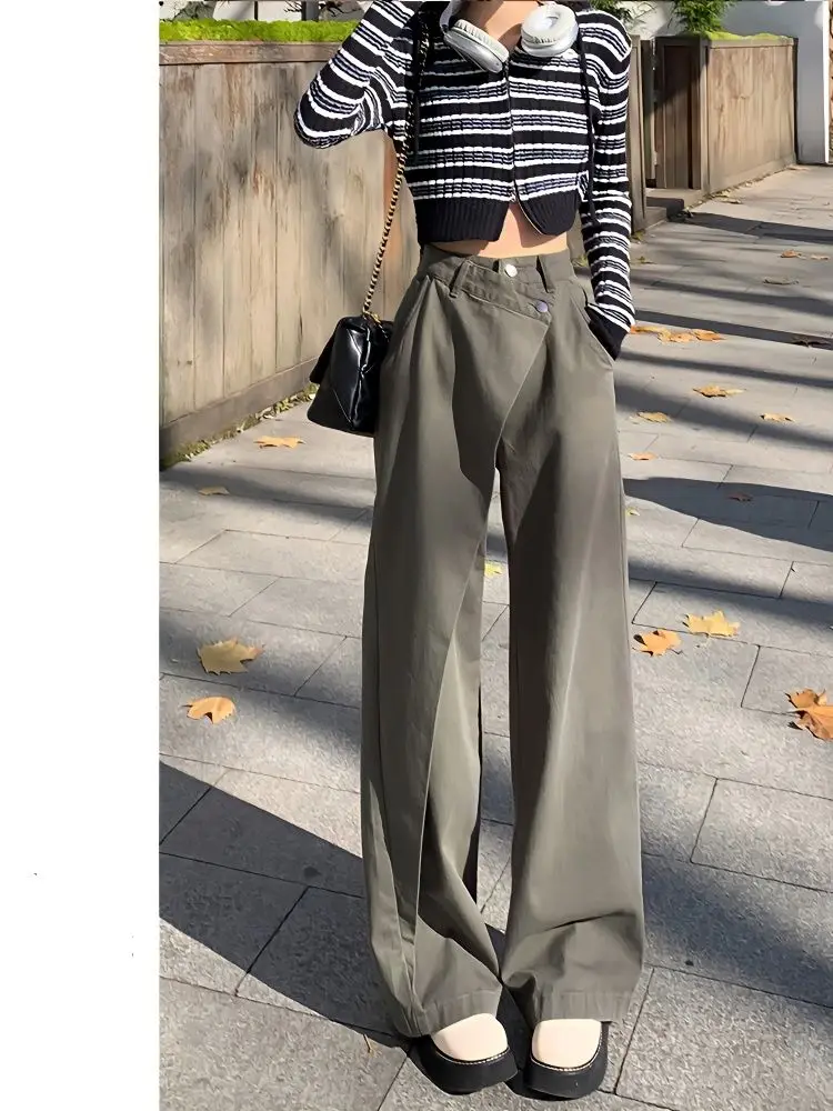 Y2K Straight Jeans Women High Street Design Sense Waist Fashion Versatile Mop Pants Appear Chic Grey Green Trousers