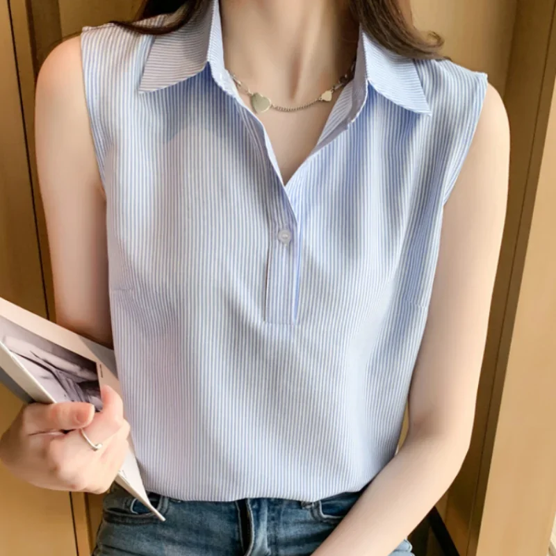 Fashion Summer Blouses for Women Stripe Womens Tops Shirt Chiffon Sleeveless Womens Blouses Basic Clothes for Women Sexy Blouse