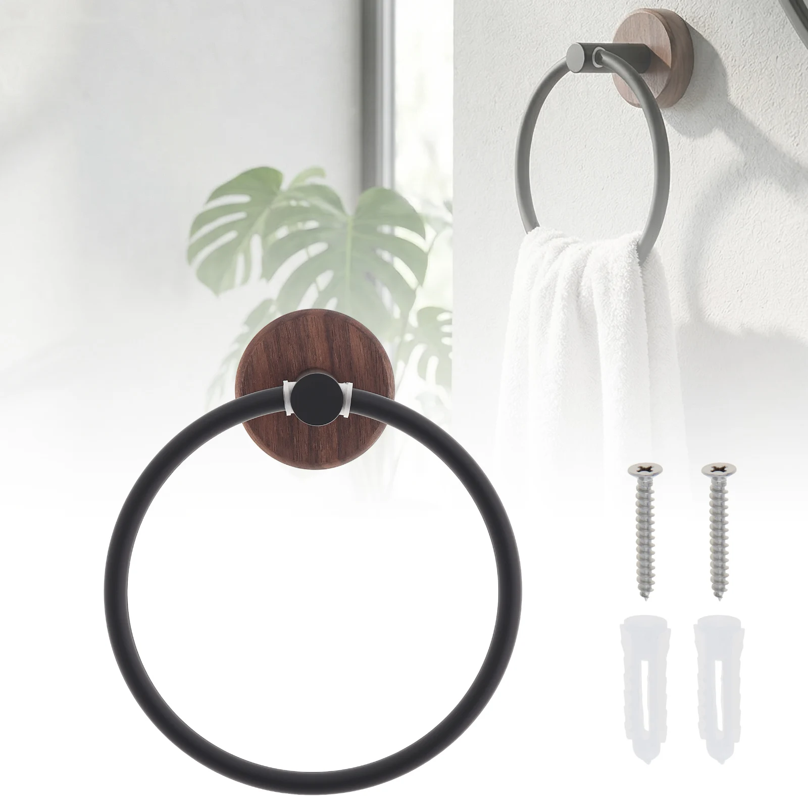 Heavy Duty Wall Mount Towel Racks Upgrade Walnut Wood Base Aluminum Towel Holder Rack Washhand Hanger Ring for Kitchen Bathroom