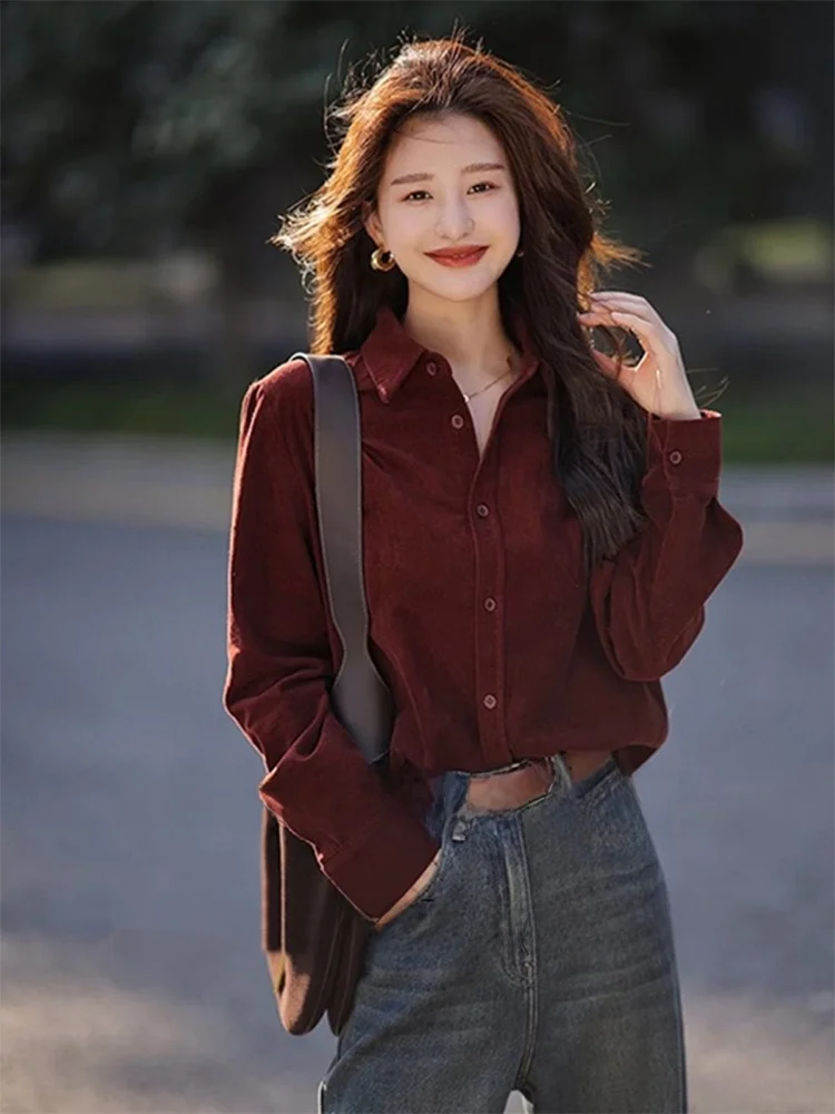 Red Wine Color Corduroy Brued Irt Women's Loose Layering Inner Wear Trendy Bran…