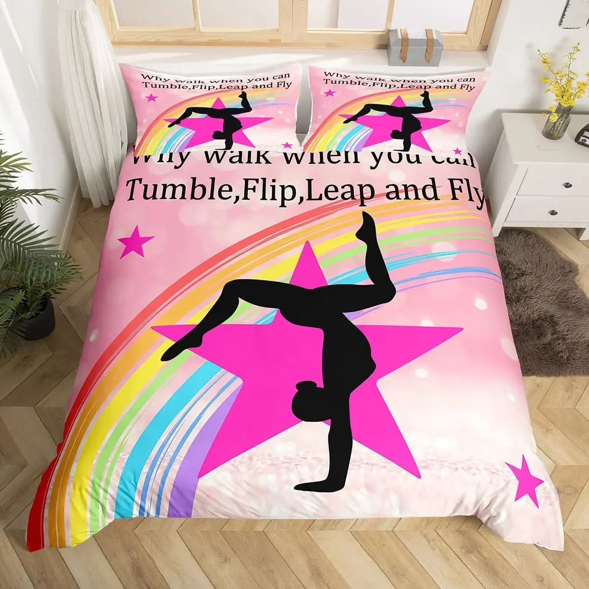 Gymnastics Dance Lovers Duvet Cover King,Watercolor Butterfly Star Sky Bedding Set 3pcs,Silhouette Rainbow Graffiti Quilt Cover