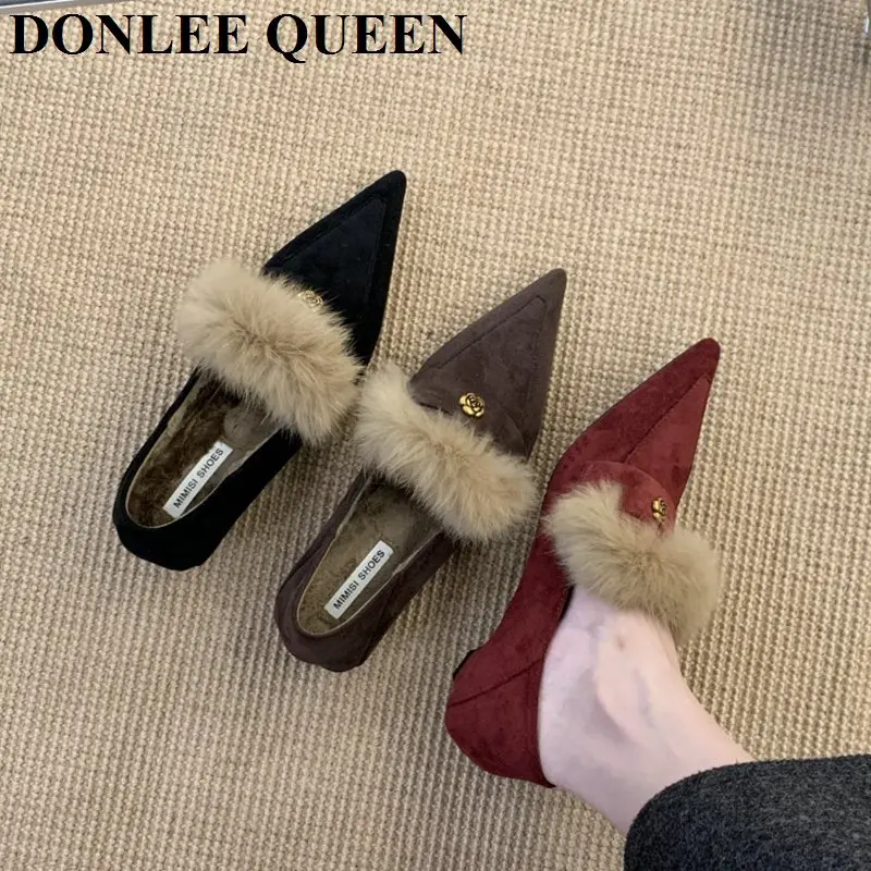

2026 New Autumn Winter Warm Shoes Women Fashion Retro Suede Fur Shoes Flat Heel Pointed Toe Pumps For Party Dress Shoes Footwear