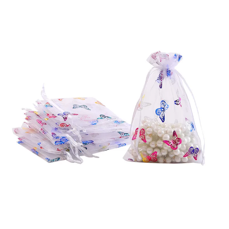 100pcs/lot 7x9cm 9x12cm 10x15cm Butterfly White Organza Drawstring Bags For Jewelry Candy Packing Bag Storage Display Pouch