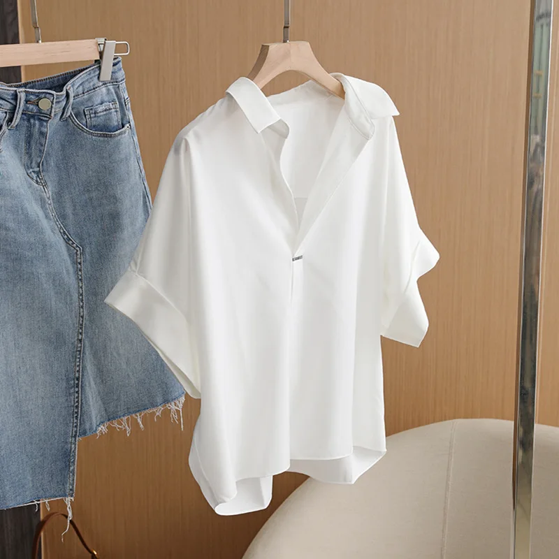

Белая рубашка с коротким рукавом, женская рубашка с v-образным вырезом, свободный повседневный офисный женский топ