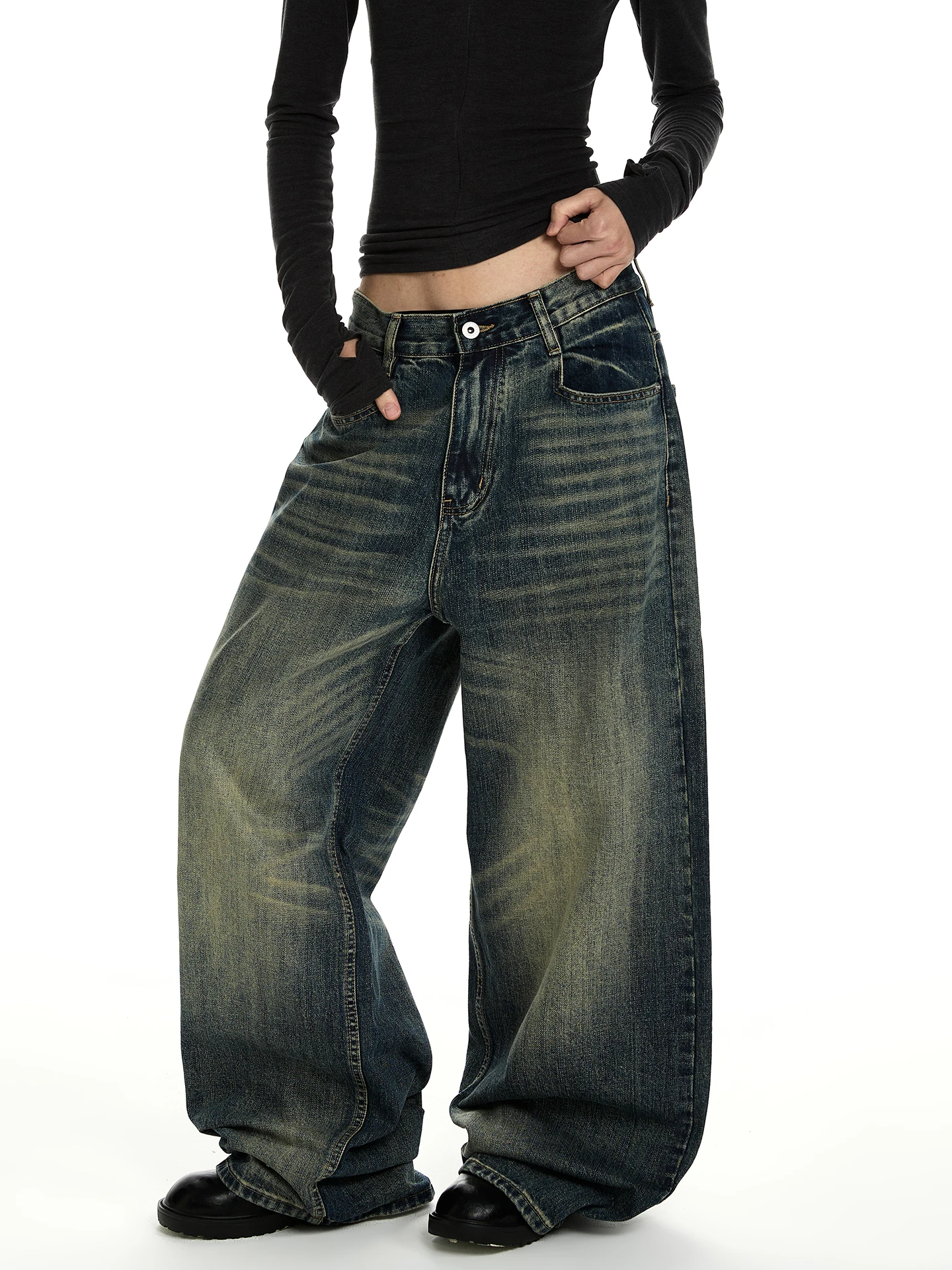 

Американские классические джинсы в стиле ретро, широкие прямые брюки свободного кроя, универсальные длинные штаны из хлопка, полиэстера и регенерированного волокна.