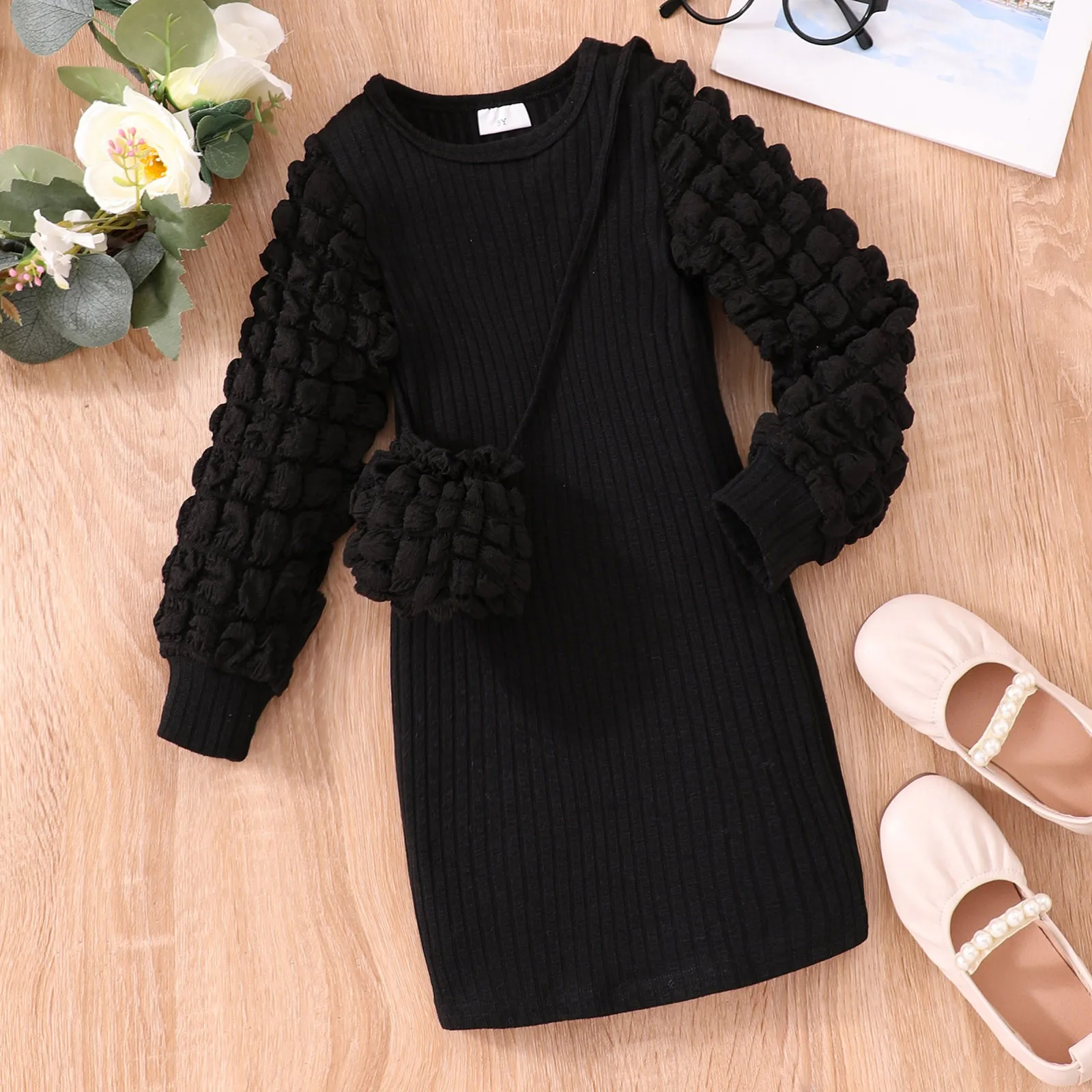 New Kid Girls Dress 2025 Spring Long Puff Sleeve Solid Color Children Clothing Casual Birthday Gift Beautiful Girls Dress 3-7Y