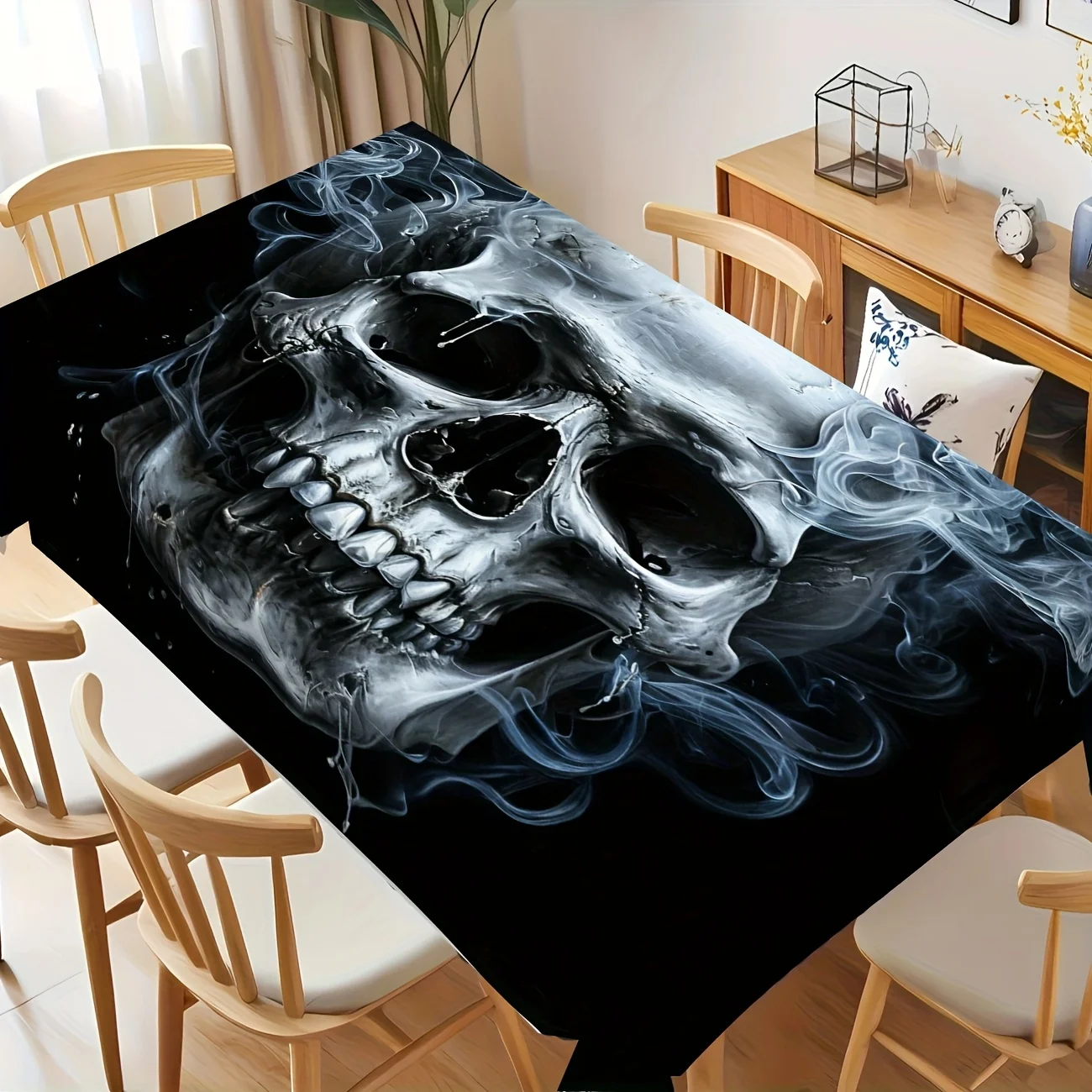 VIKAMA Gothic Skull Black Silver Smoke Rectangular Tablecloth Washable Dining Table Cover for Kitchen Party Home Decoration