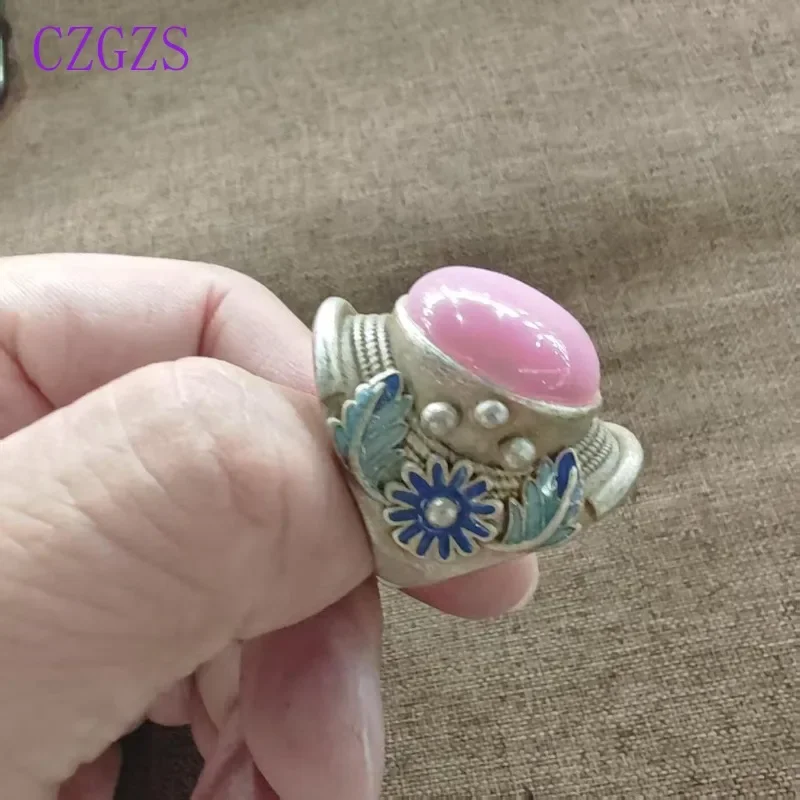 Orientalischer Vintage Unisex Offener Ring mit Blumen- und Blattmuster, Emaille-Metallband, Ovaler Imitations-Rosenquarz, Verstellbarer Ethnischer Fingerschmuck – Detail 4