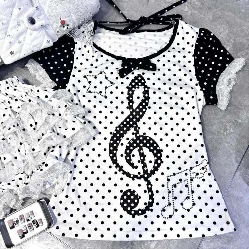 Japanese Mushroom Girl Fake Two Short Sleeve T-shirt Piano Polka Dot Print Tees Summer Y2k Subculture Hot Girl Casual Tops 2000s