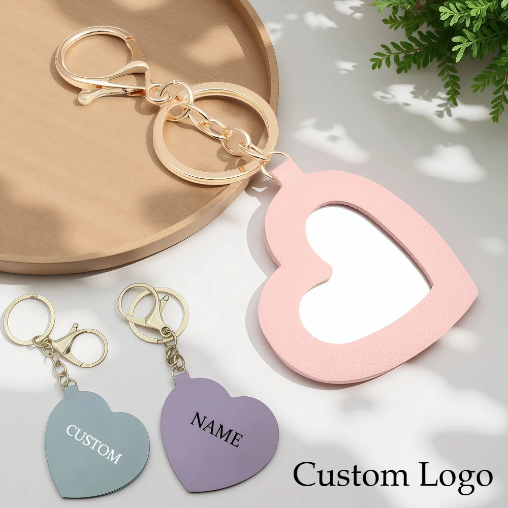 

Leather for Woman Put on Makeup Mirror Keychain Custom LOGO Name Keyring Personalized Love Heart Pendant Key Ring Chain Gift