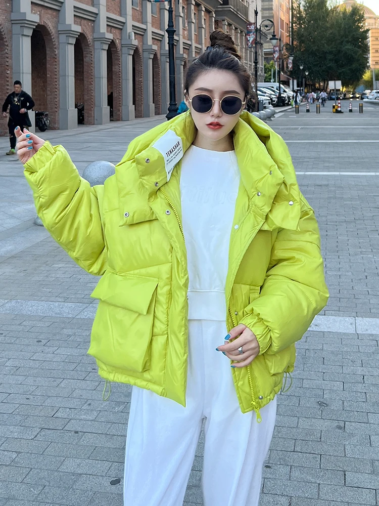 2022 Female Winter Short Hooded Parkas Puffer Bomber Jacket Warm Cotton Padded Coats Stylish Outerwear Oversized Streetwear