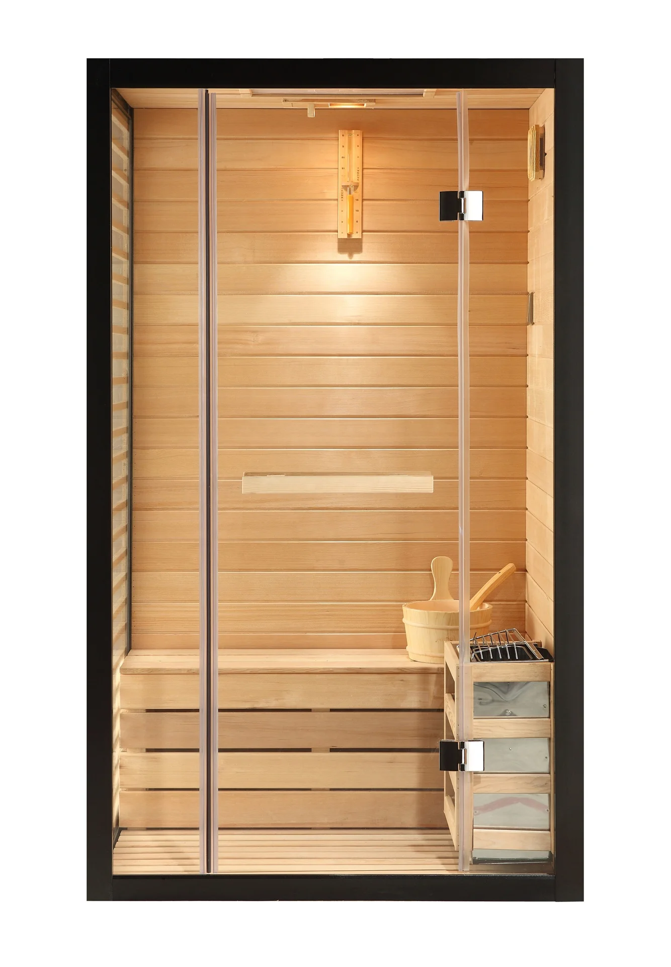 Indoor Glass Sauna Room Solid Wood Dry Steam Sauna Cabin, Modern Single Person Sauna Room