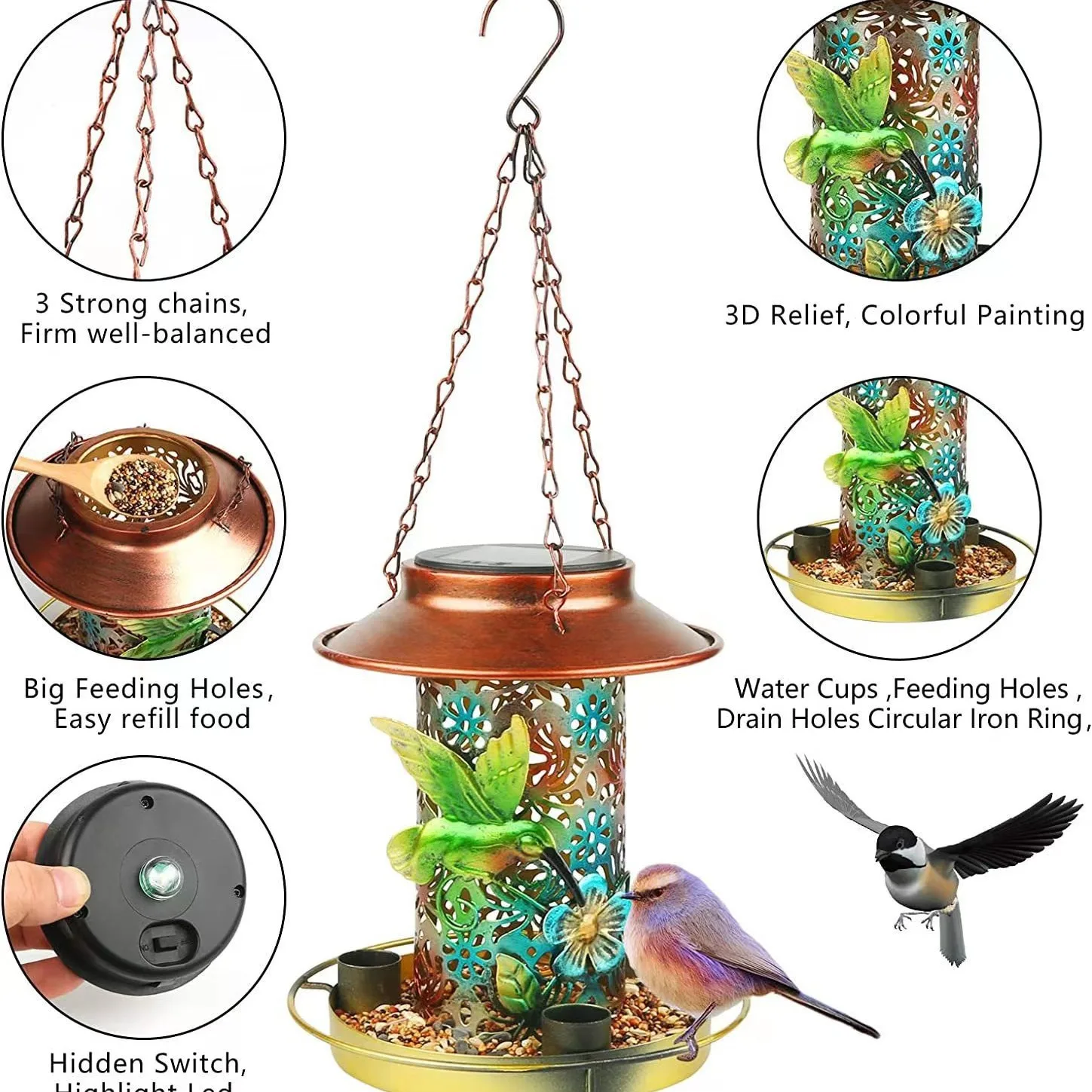 Outdoor Creative Hanging Solar Lantern for Birds, Amazon Hot Selling Iron Art Solar Feeder